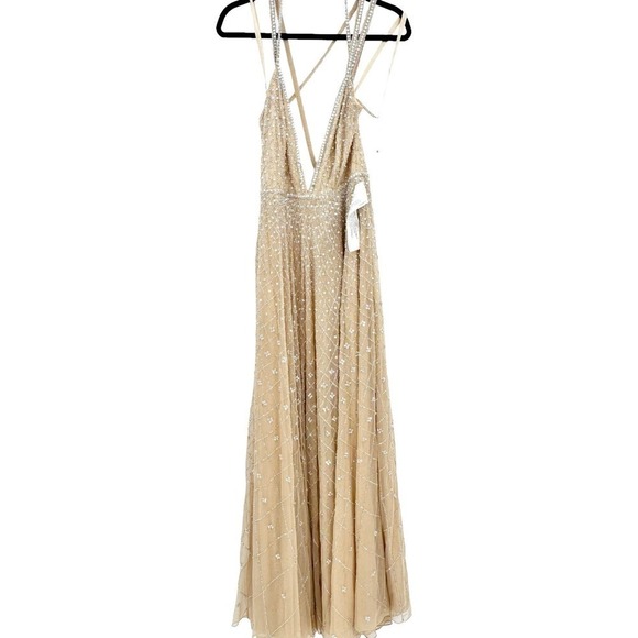 Mac Duggal Plunging V-Neck A-Line Maxi Dress Natural Size 4 NWT - Picture 8 of 13